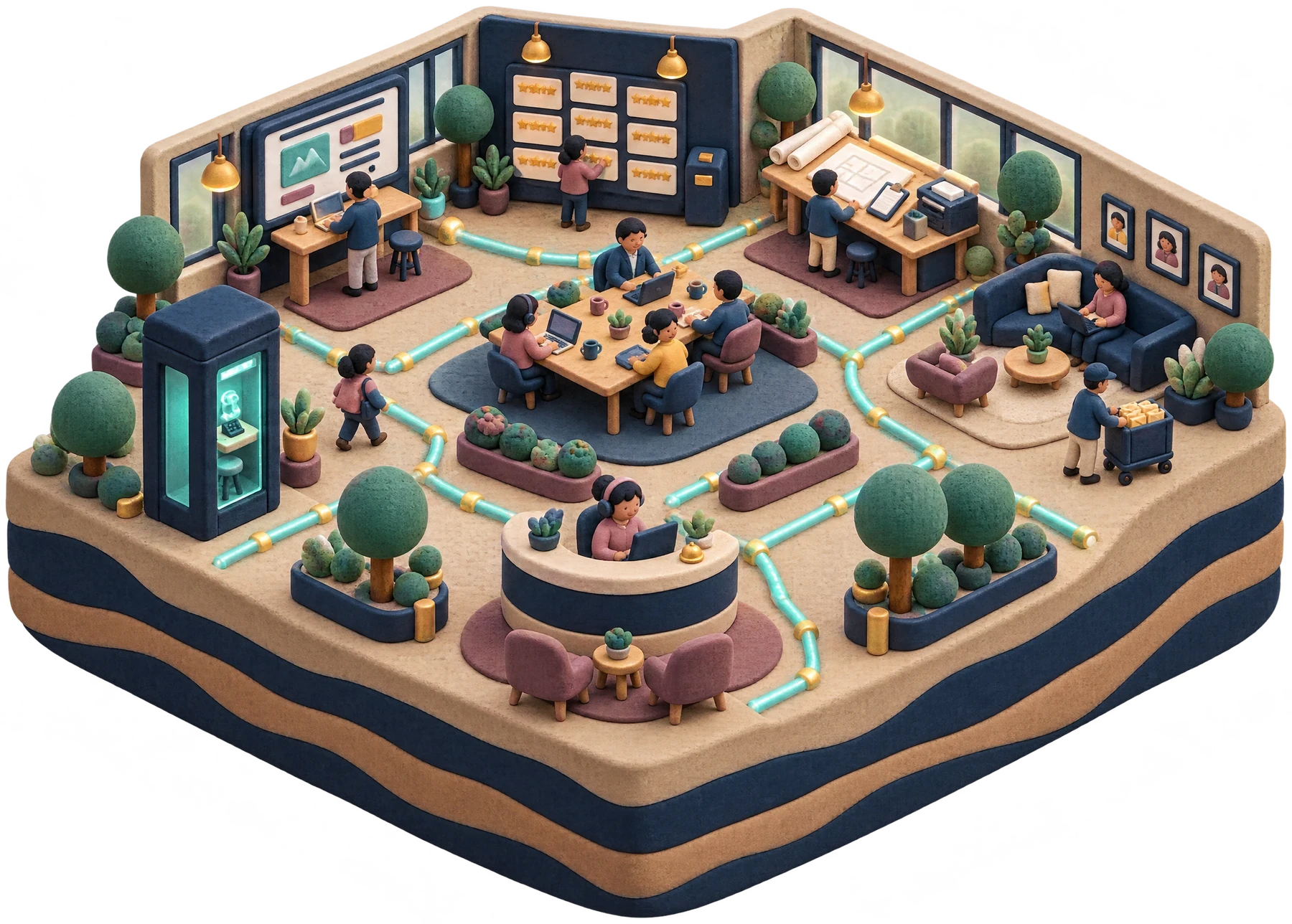 Your business drawn as a clay open-plan office: the front desk up front, the phone booth for calls, the reviews wall, the web corner, the estimating corner for quotes, the client lounge for past customers and your team's table in the middle