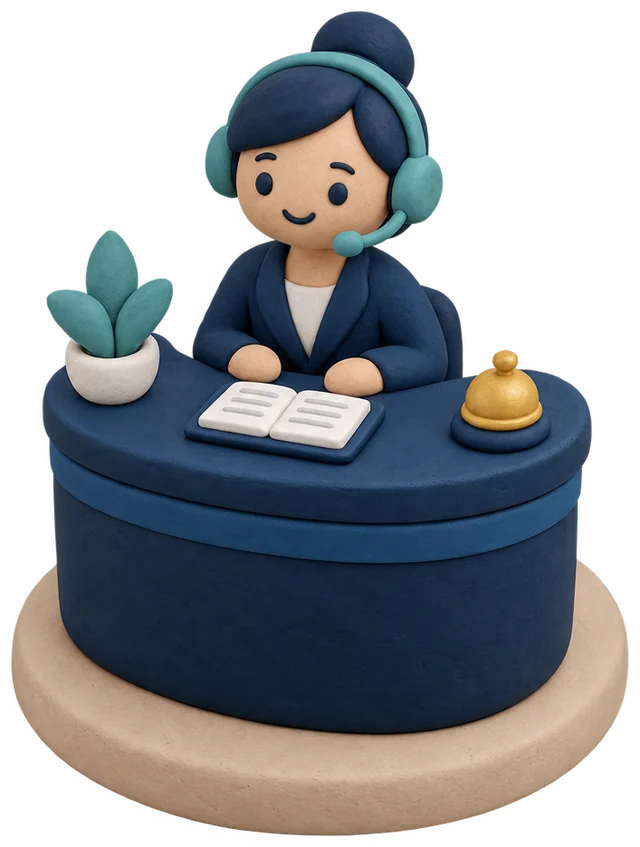 A clay receptionist in a headset at a rounded front desk with a bell