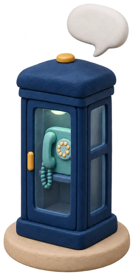 A clay phone booth with a glowing phone and a speech bubble