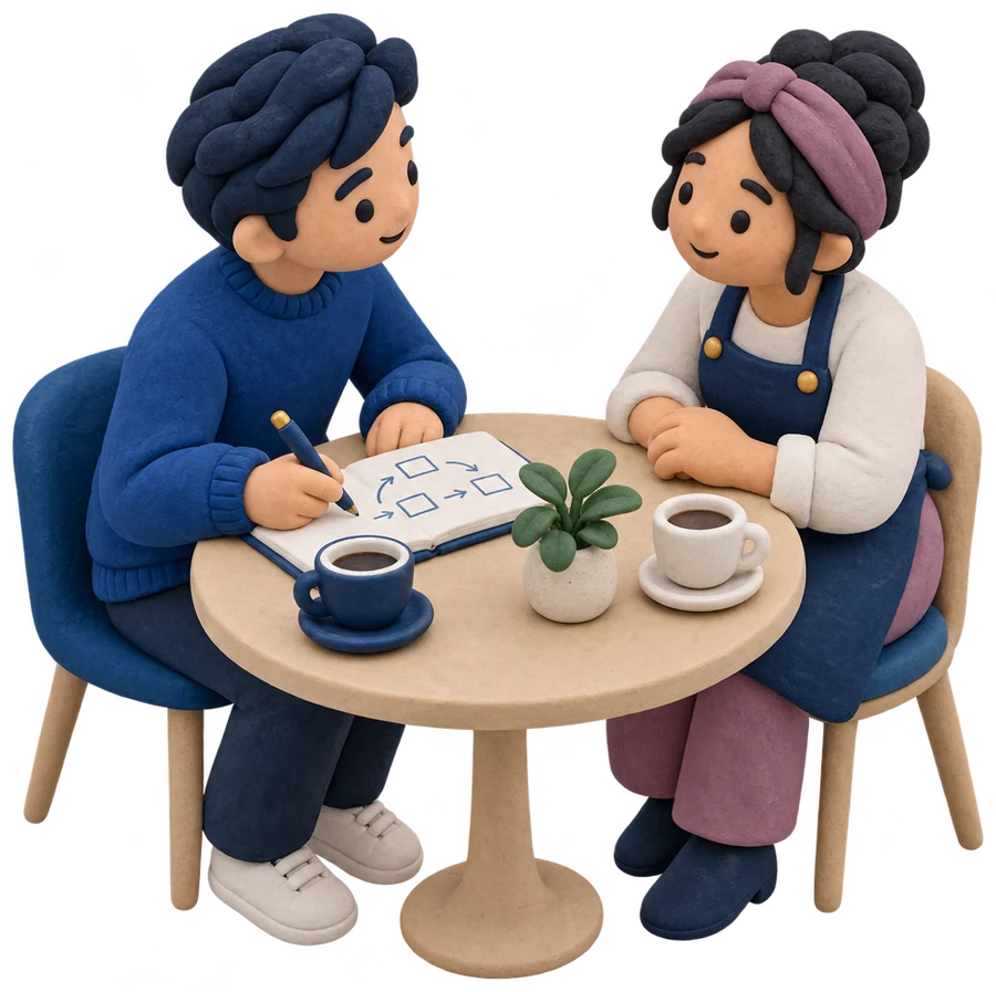 Two clay people at a cafe table, one sketching a plan in a notebook while the shop owner listens
