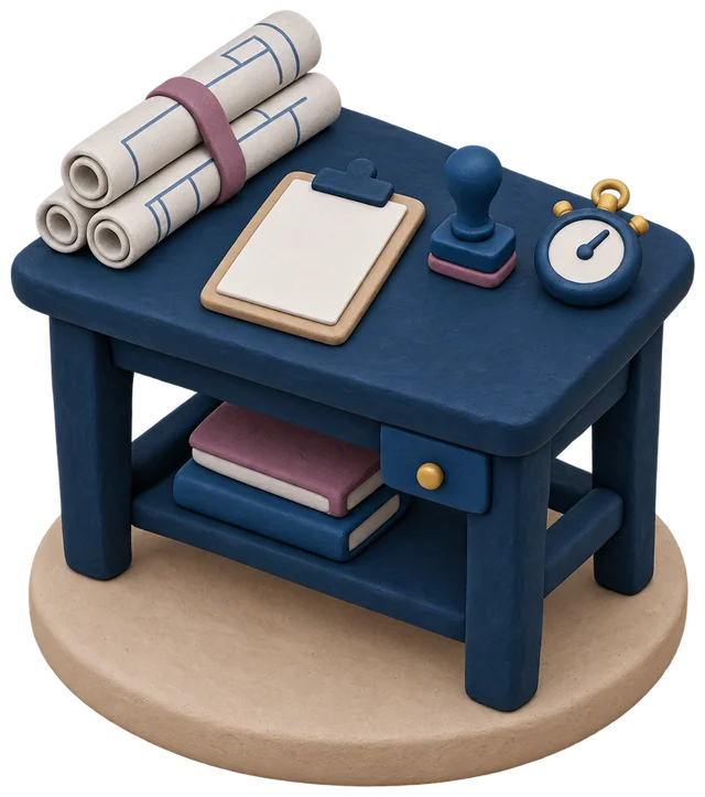 A clay workshop desk with blueprints, a clipboard, a stamp and a stopwatch