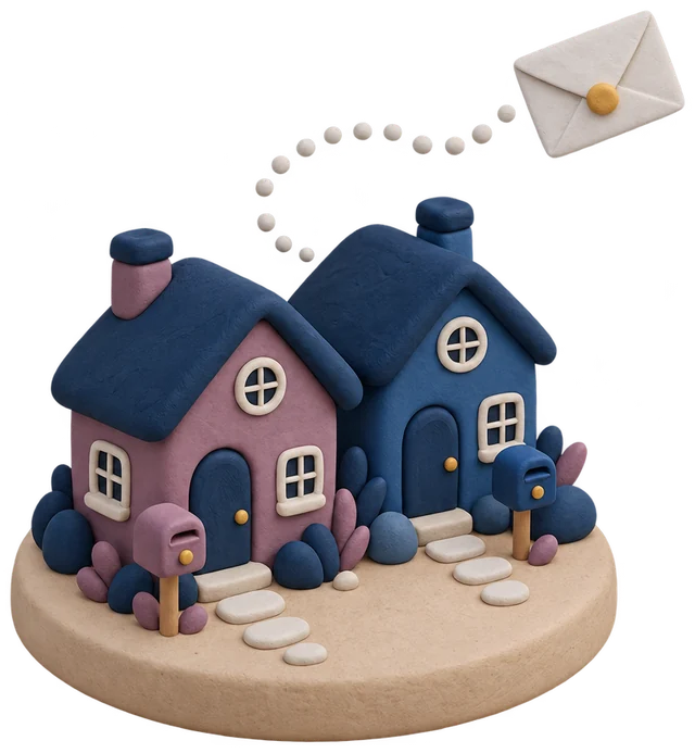 Two clay houses with mailboxes and an envelope flying toward them