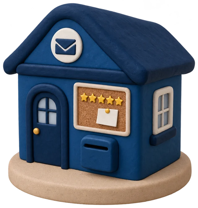 A clay post office with five gold stars on its corkboard