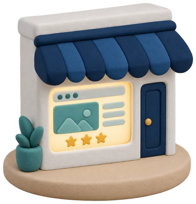 A clay storefront whose big window shows a web page with gold stars